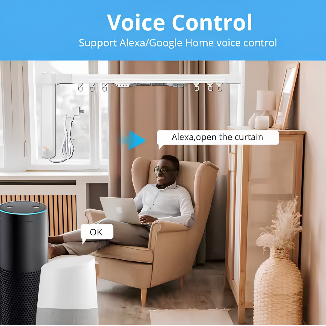 Smart WiFi Curtain Motor with Extendable Track voice control feature demonstrated via Amazon Alexa and Google Home.