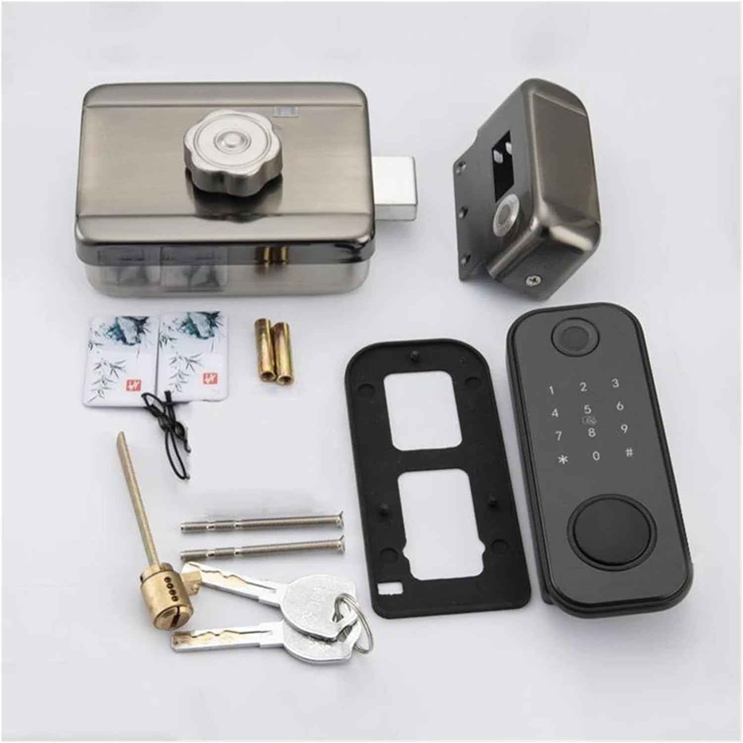 Smart WiFi Outdoor Fingerprint Door Lock – 5-in-1 Keyless Entry System package contents including keys, cards, and hardware.