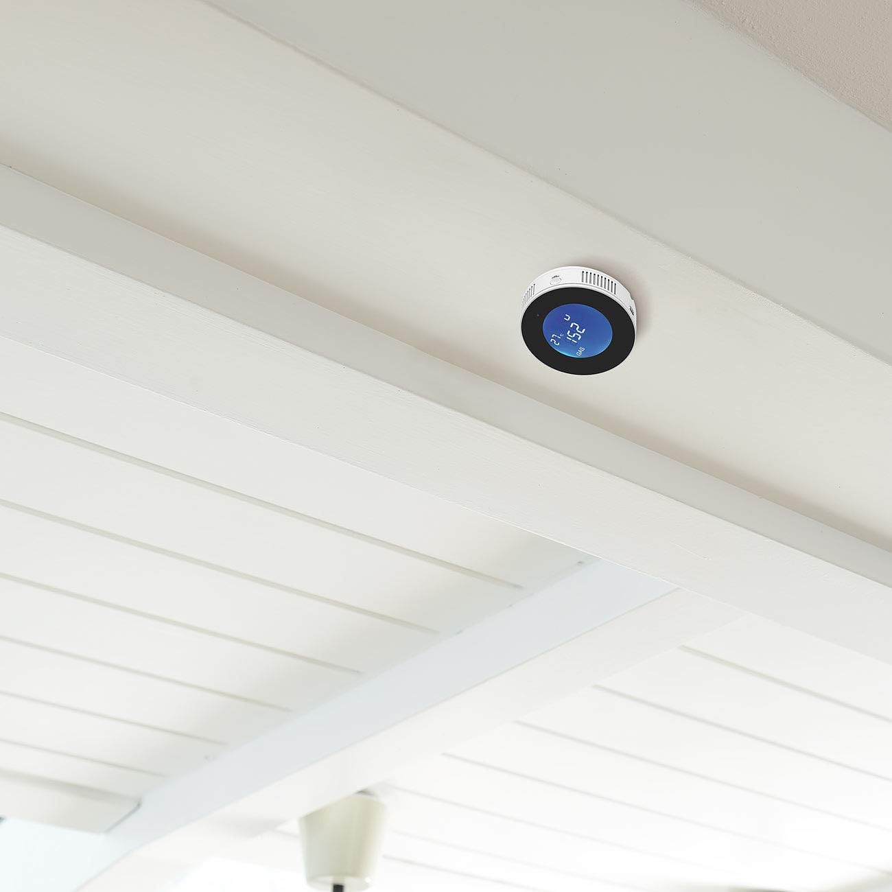 Smart WiFi Gas Leak Detector mounted securely onto a white wooden ceiling beam in a modern residential interior.