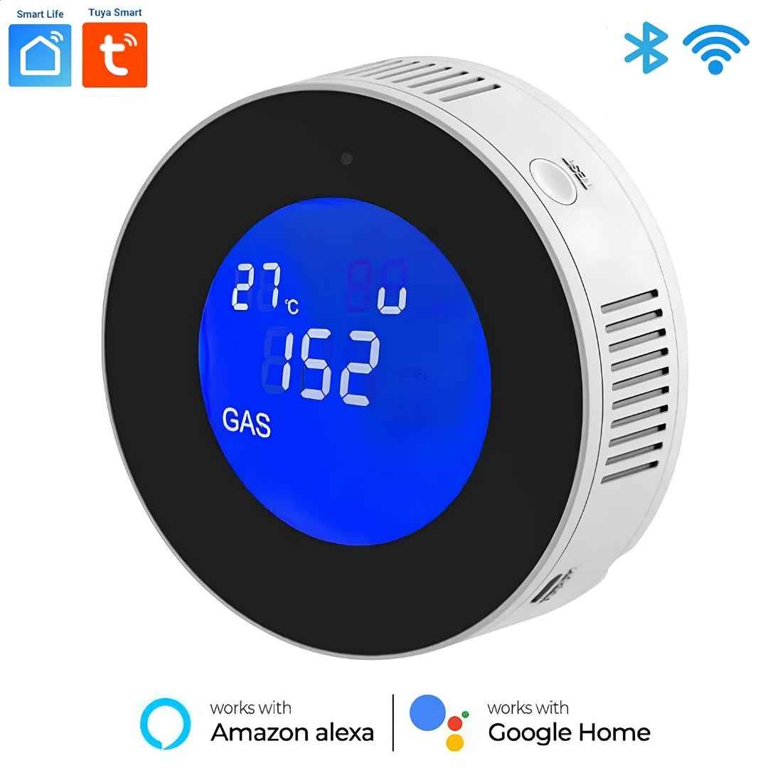 Smart WiFi Gas Leak Detector displaying Tuya Smart, Amazon Alexa, and Google Home compatibility logos.