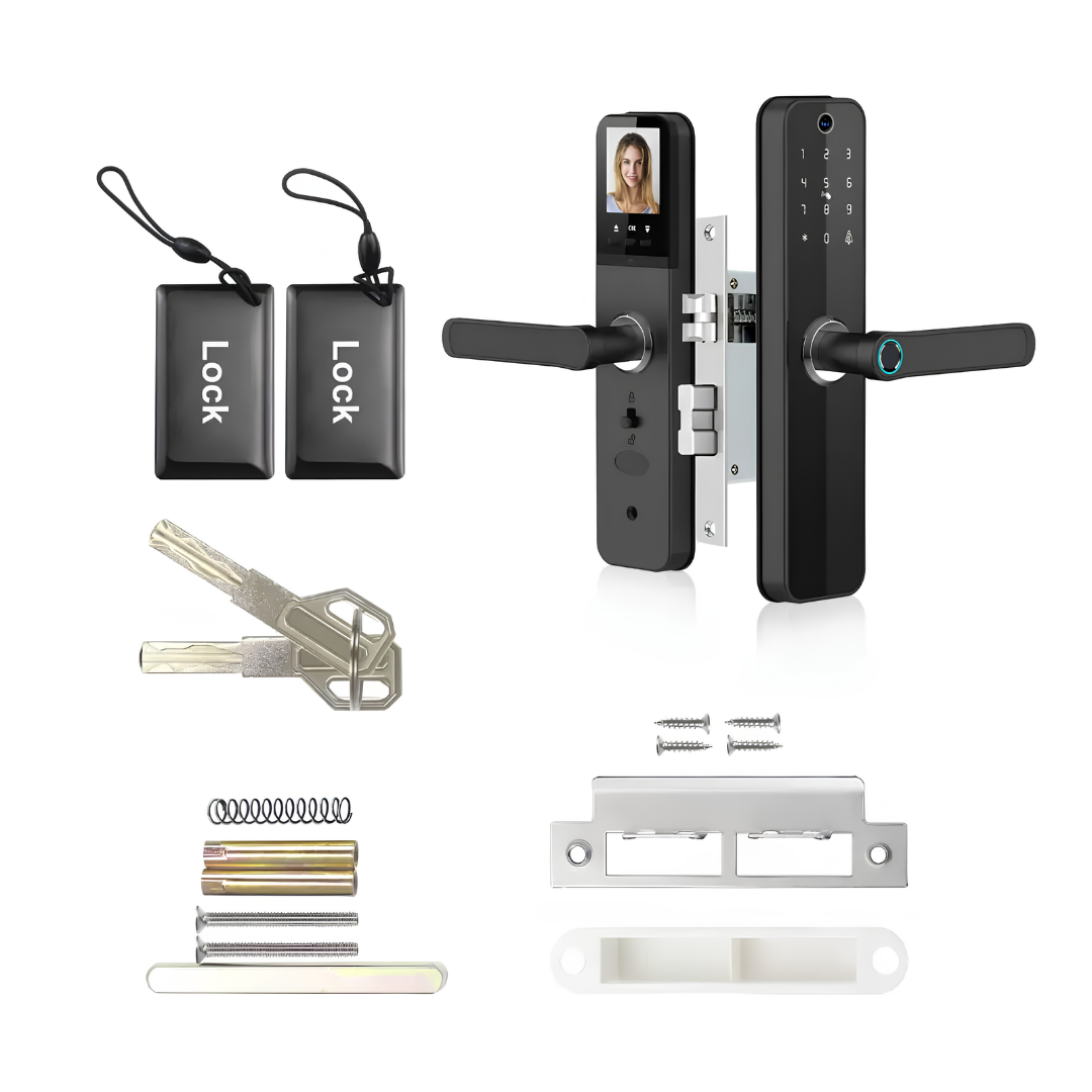 Smart WiFi Video Door Lock – 6-in-1 Keyless Entry System unboxing package with smart cards, mechanical keys, screws, and installation hardware.
