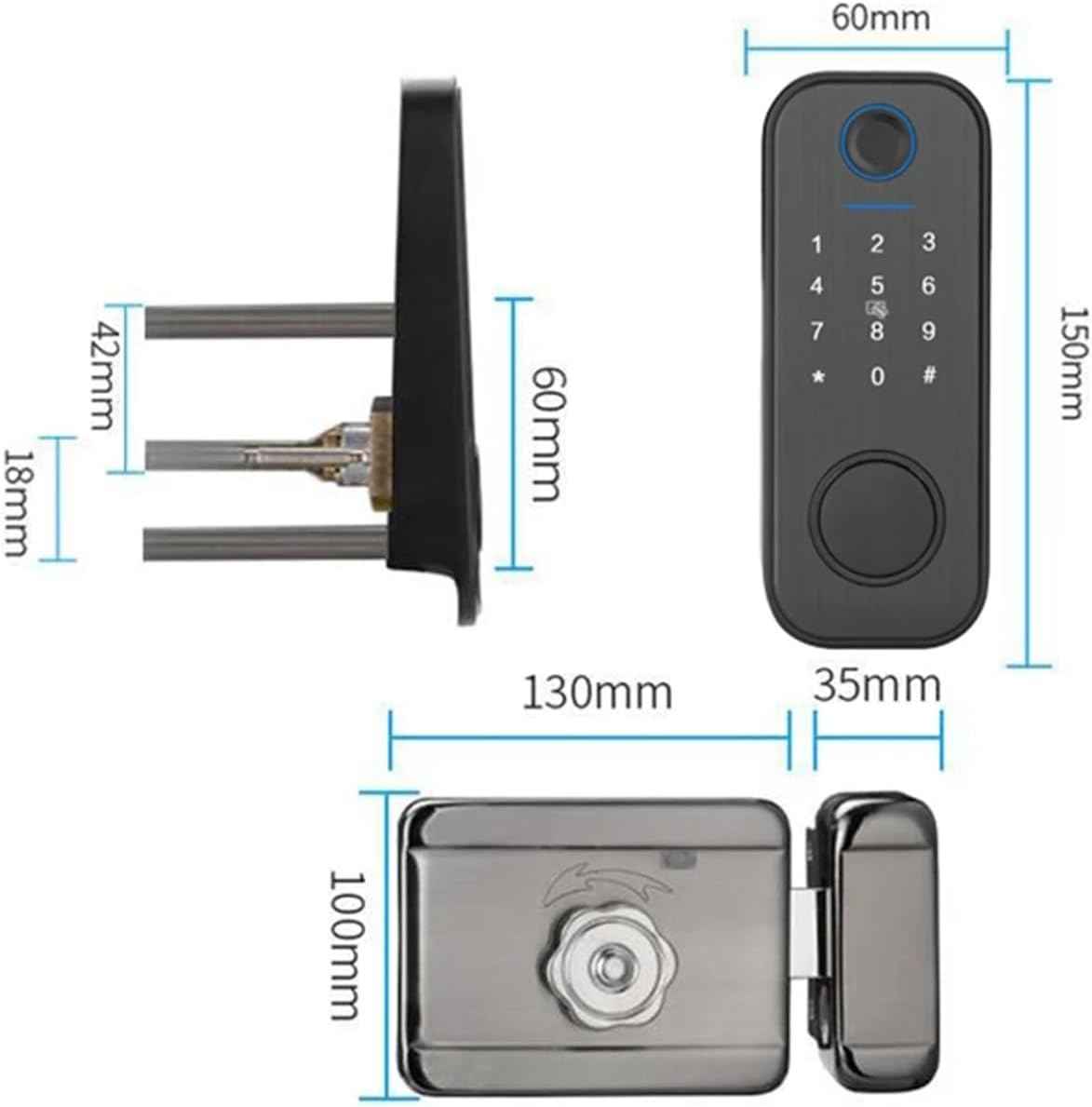 Smart WiFi Outdoor Fingerprint Door Lock – 5-in-1 Keyless Entry System dimensional technical drawing with measurements.