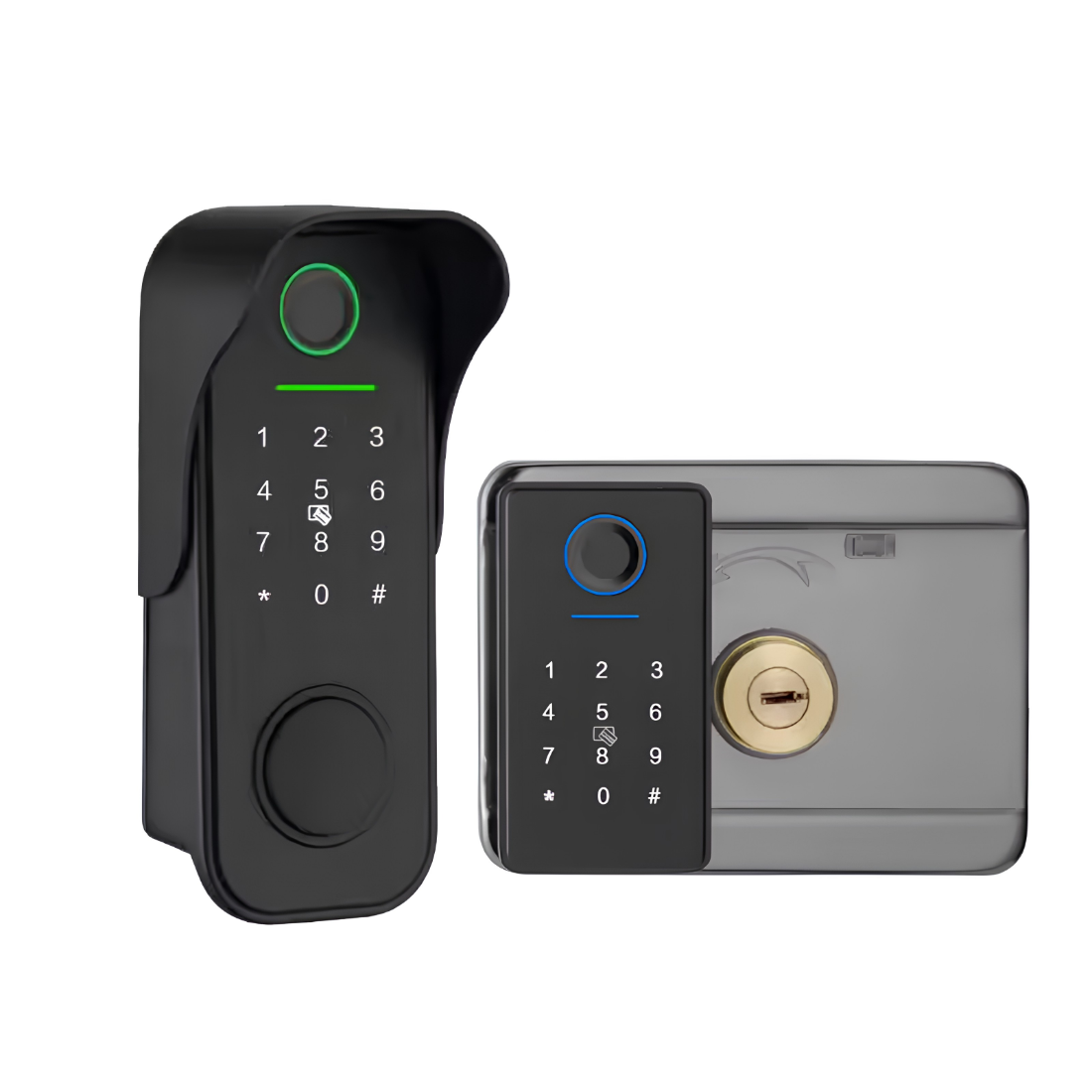 Smart WiFi Outdoor Fingerprint Door Lock – 5-in-1 Keyless Entry System featuring both the main keypad and inner lock body.