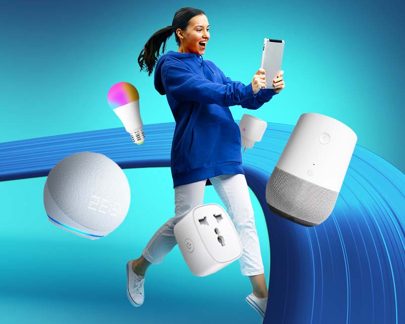 Woman in blue sweatshirt and white pants surrounded by smart home devices on a blue background
