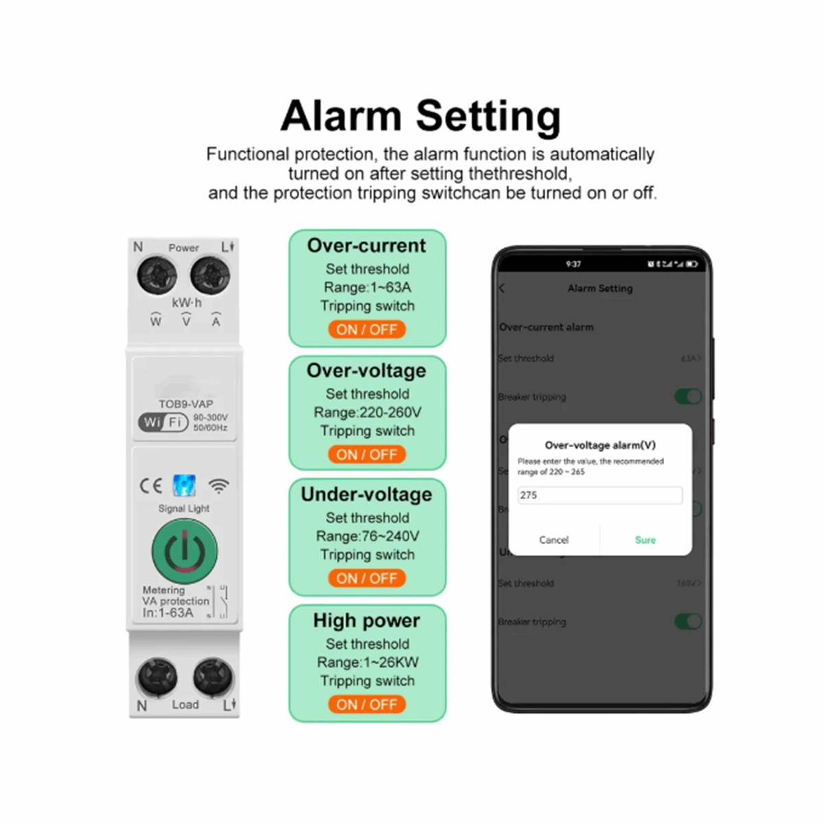 Smart Power Breaker 63A Alarm Setting