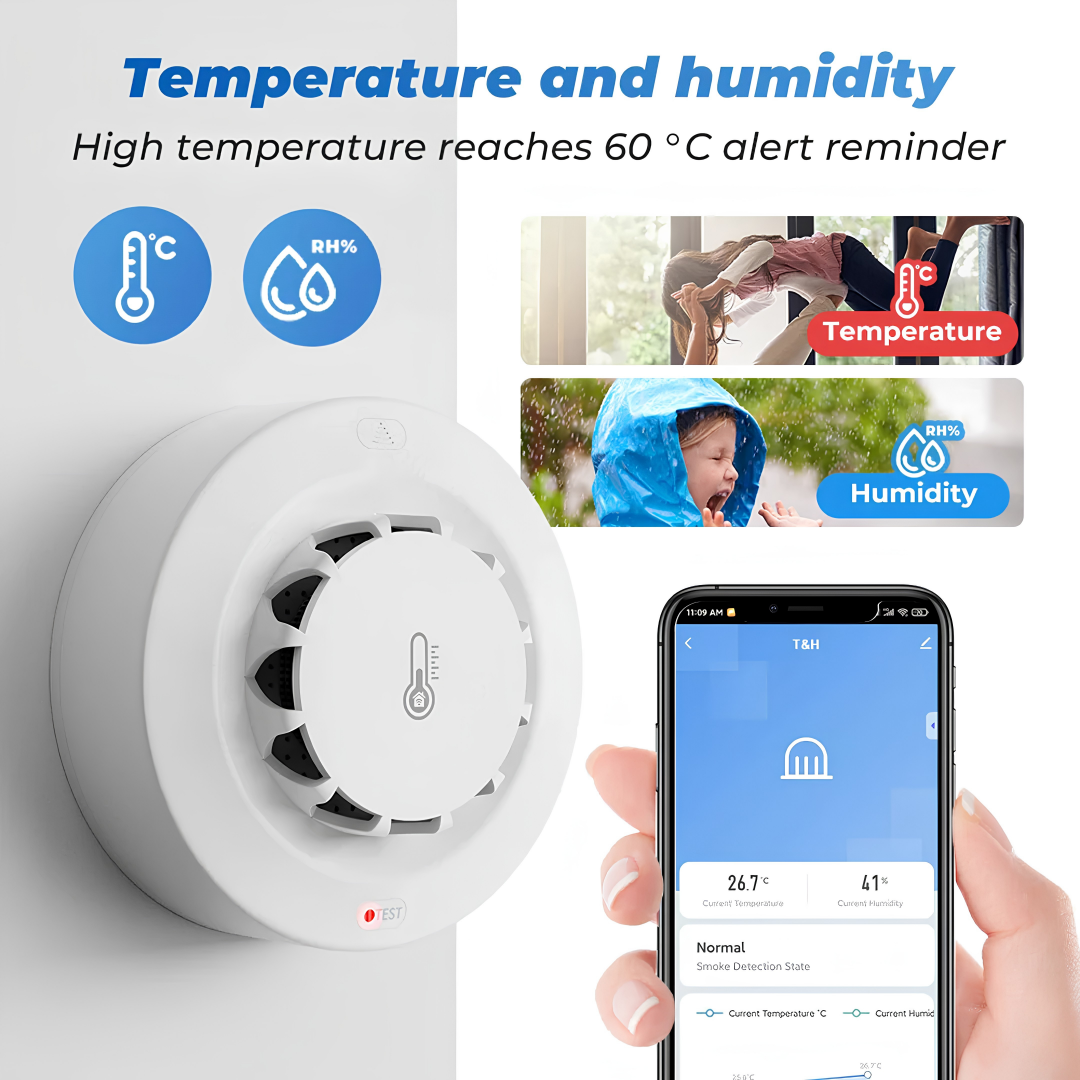 Smart WiFi Smoke Detector with Temperature & Humidity Sensor monitoring home conditions via a real-time mobile app interface.