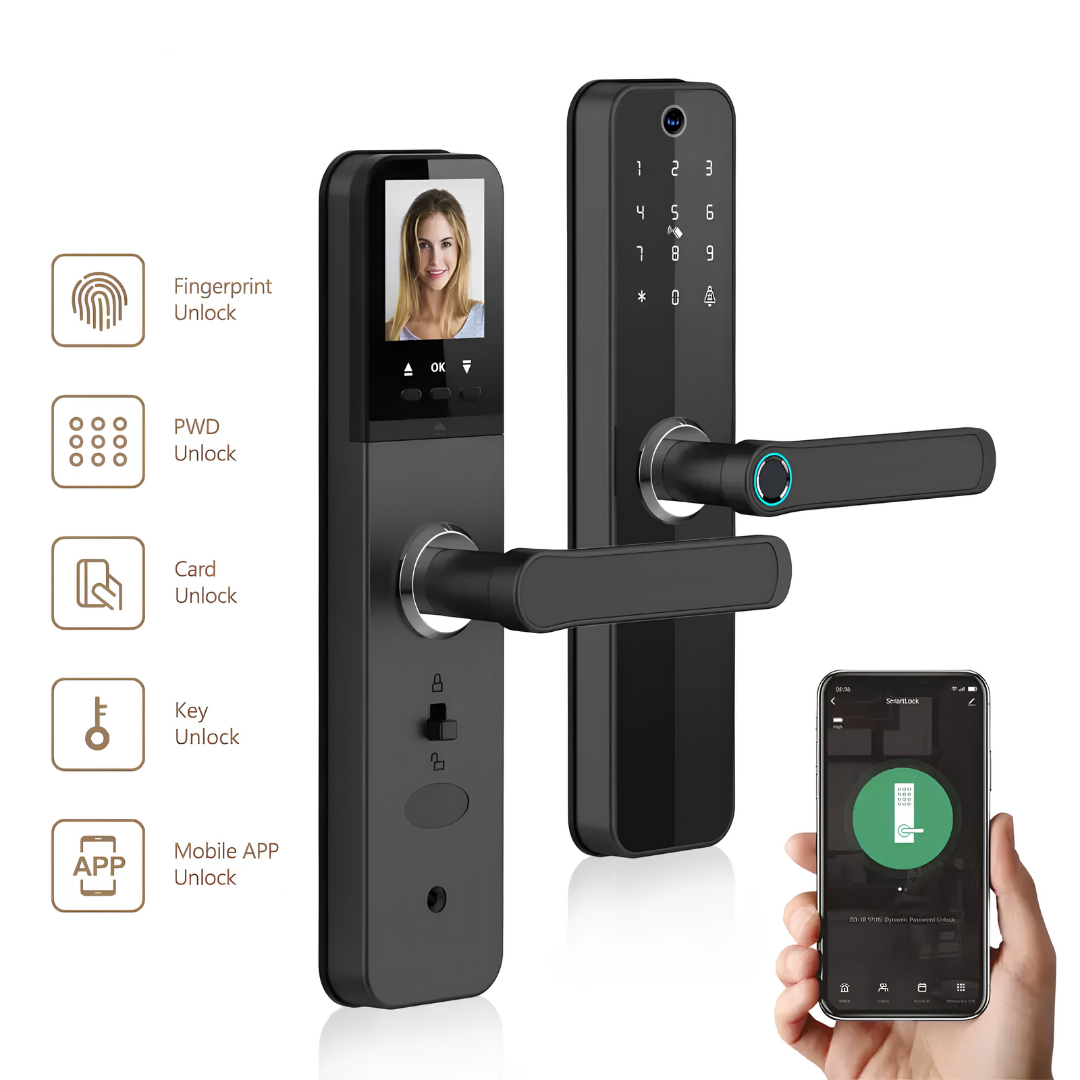 Smart WiFi Video Door Lock – 6-in-1 Keyless Entry System shown at an angle alongside five primary keyless access methods.