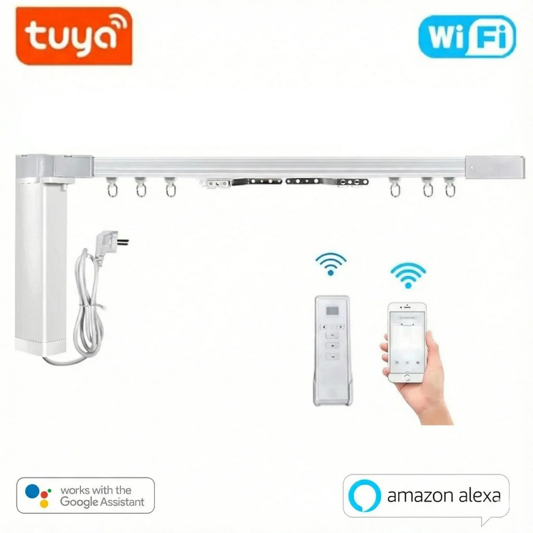 Smart WiFi Curtain Motor with Extendable Track featuring Tuya WiFi, Google Assistant, and Amazon Alexa compatibility.