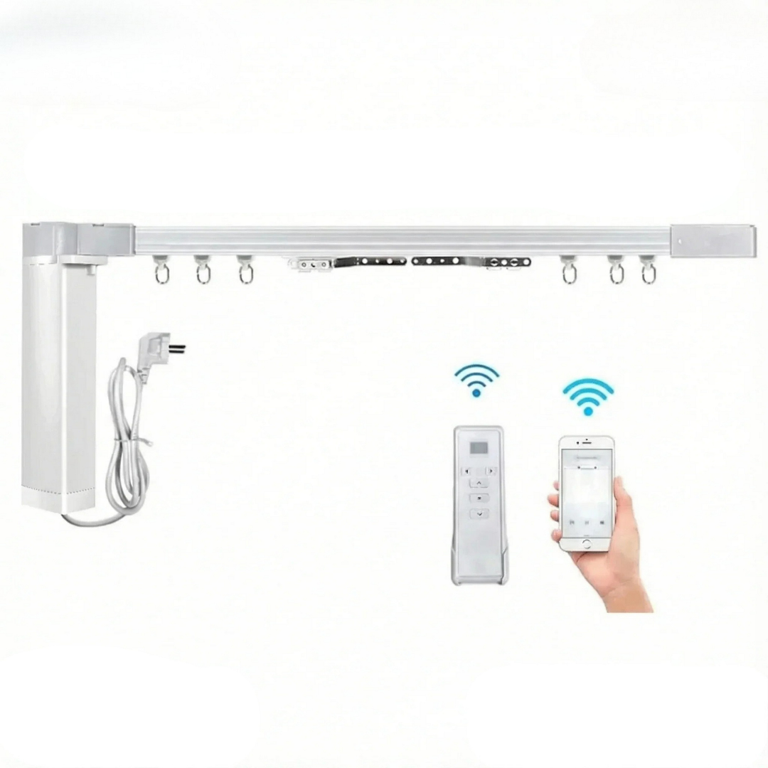 Smart WiFi Curtain Motor with Extendable Track system shown with its remote control and smartphone app.