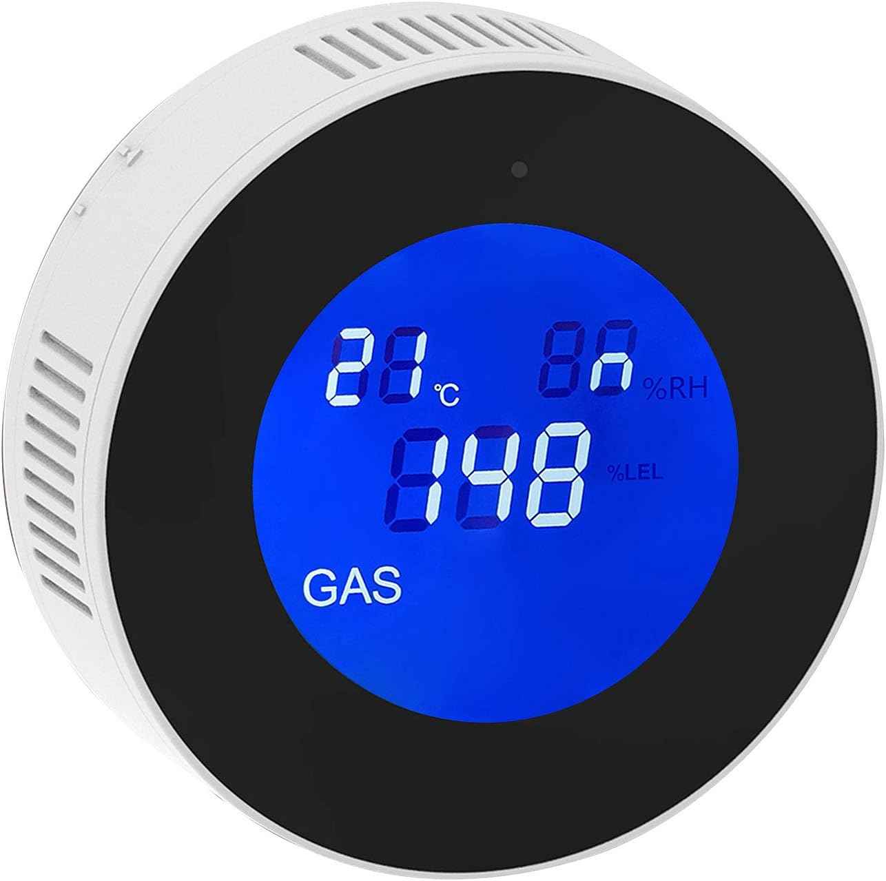 Smart WiFi Gas Leak Detector with a bright blue digital LCD screen displaying temperature and gas levels.