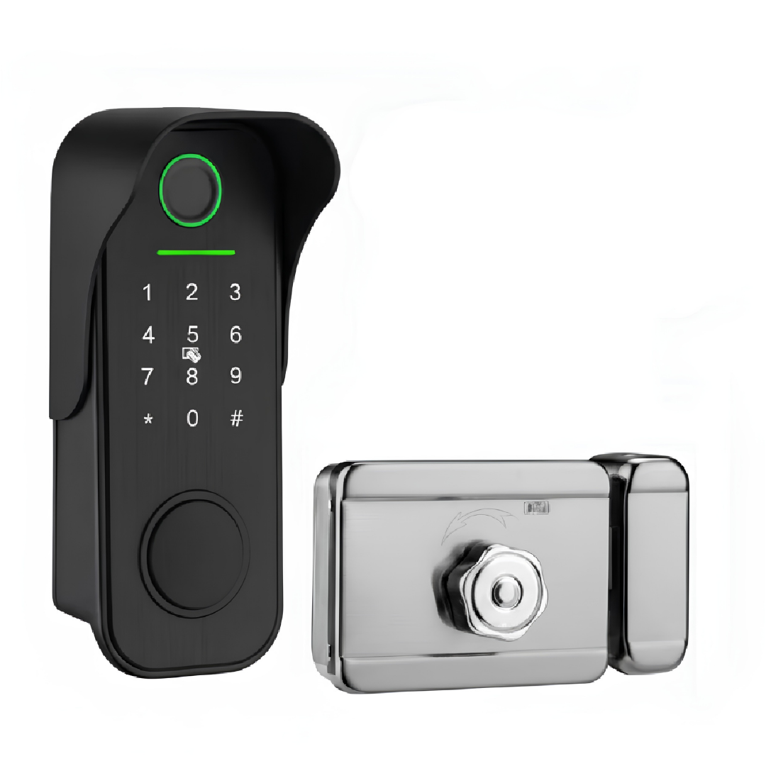 Smart WiFi Outdoor Fingerprint Door Lock – 5-in-1 Keyless Entry System showing the front keypad and chrome rim lock body.