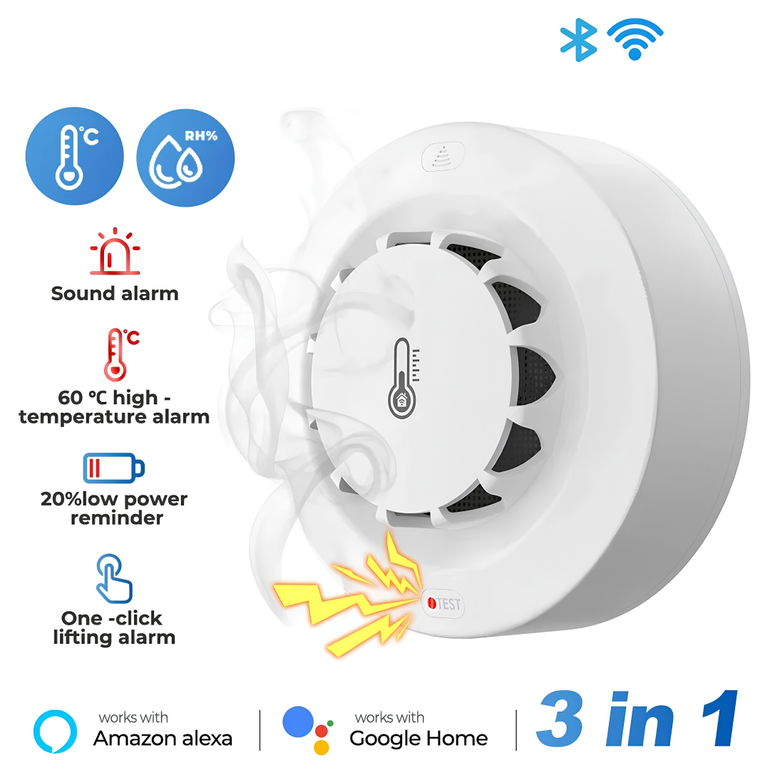 Smart WiFi Smoke Detector with Temperature & Humidity Sensor highlighting its key alerts, sound alarm, and power reminders.