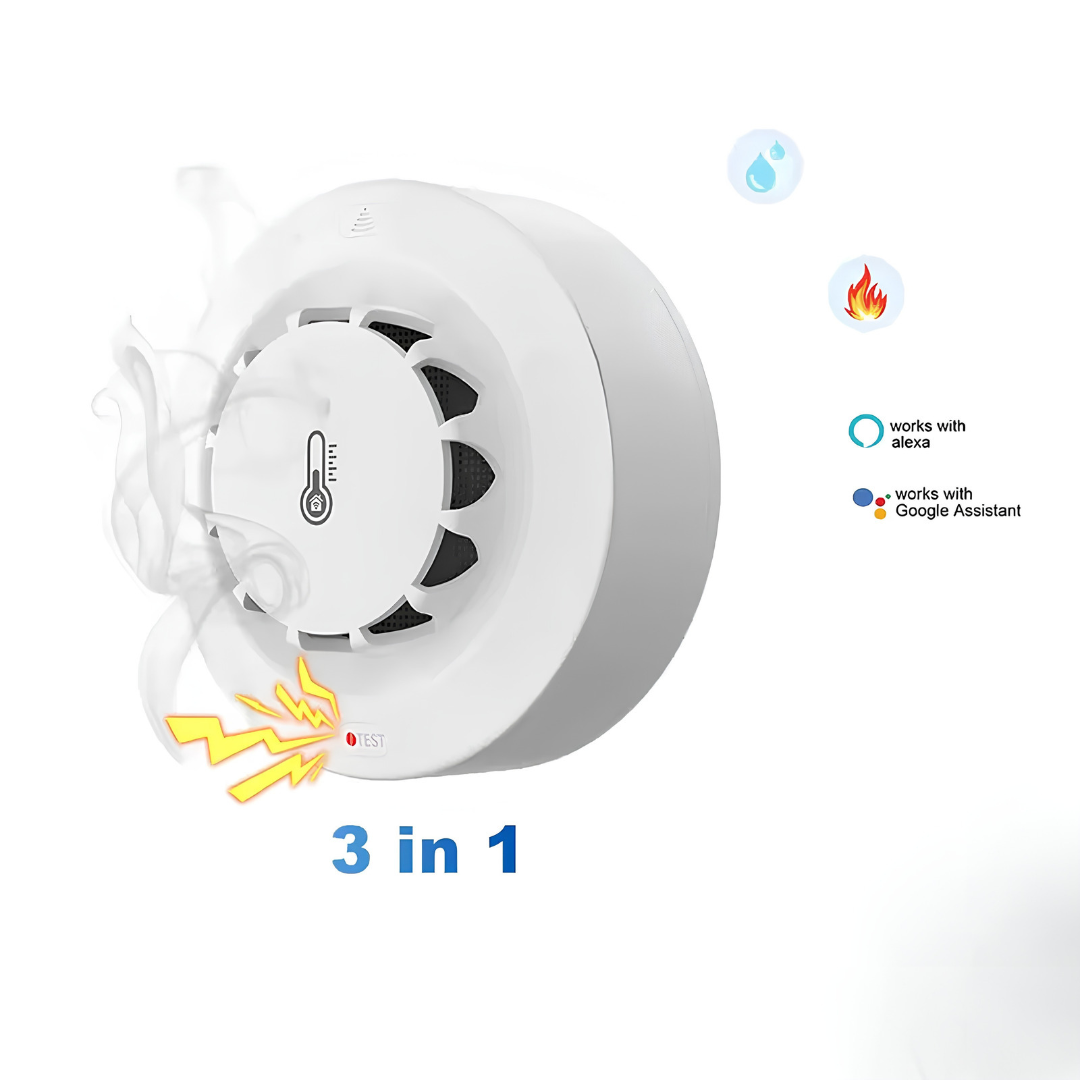 Smart WiFi Smoke Detector with Temperature & Humidity Sensor featuring 3-in-1 capability and voice assistant compatibility.