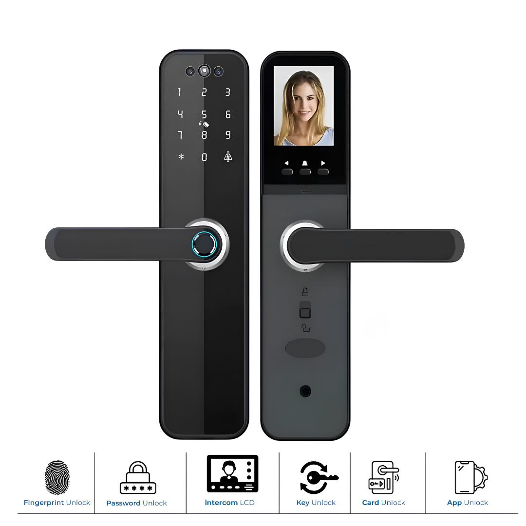Smart WiFi Video Door Lock – 6-in-1 Keyless Entry System infographic showcasing icons for fingerprint, password, intercom, key, card, and app unlocking.