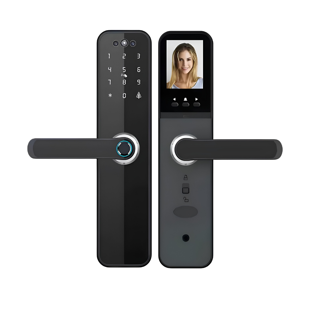 Smart WiFi Video Door Lock – 6-in-1 Keyless Entry System showing front panel with a touch keypad and inner panel with a built-in LCD screen.