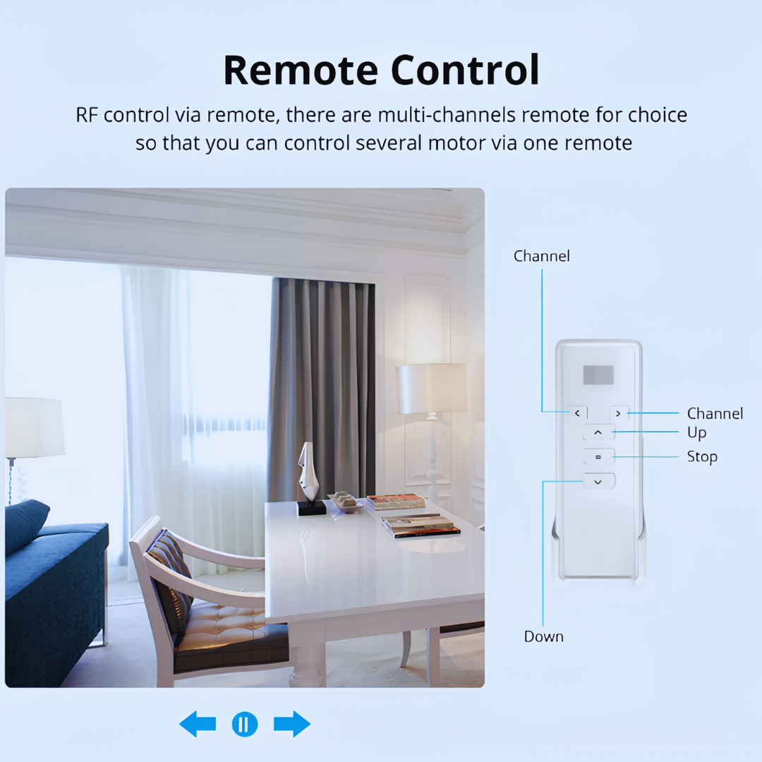 RF remote control guide for the Smart WiFi Curtain Motor with Extendable Track with a modern living room background.