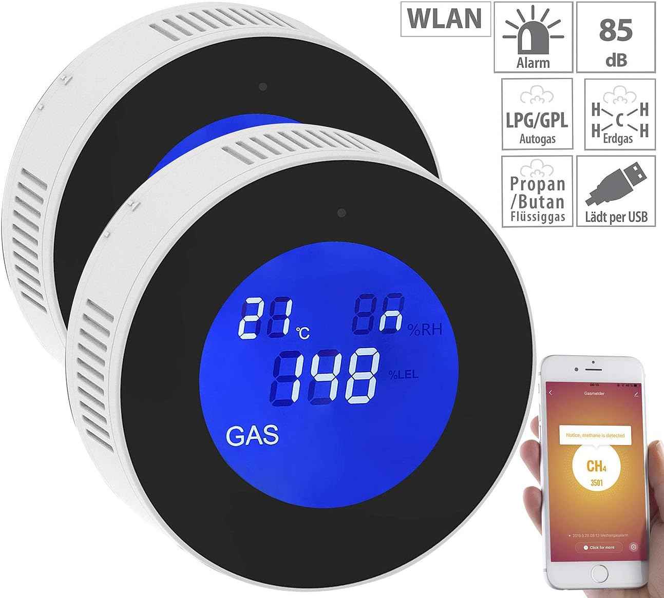 Two Smart WiFi Gas Leak Detector units stacked next to a smartphone showing a real-time CH4 gas level alert.