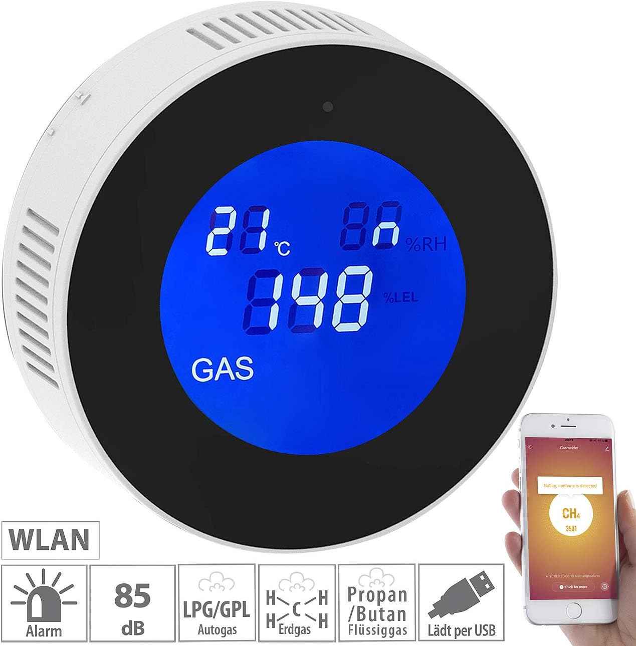 Smart WiFi Gas Leak Detector shown next to a phone app interface alongside feature icons like 85dB alarm and USB power.