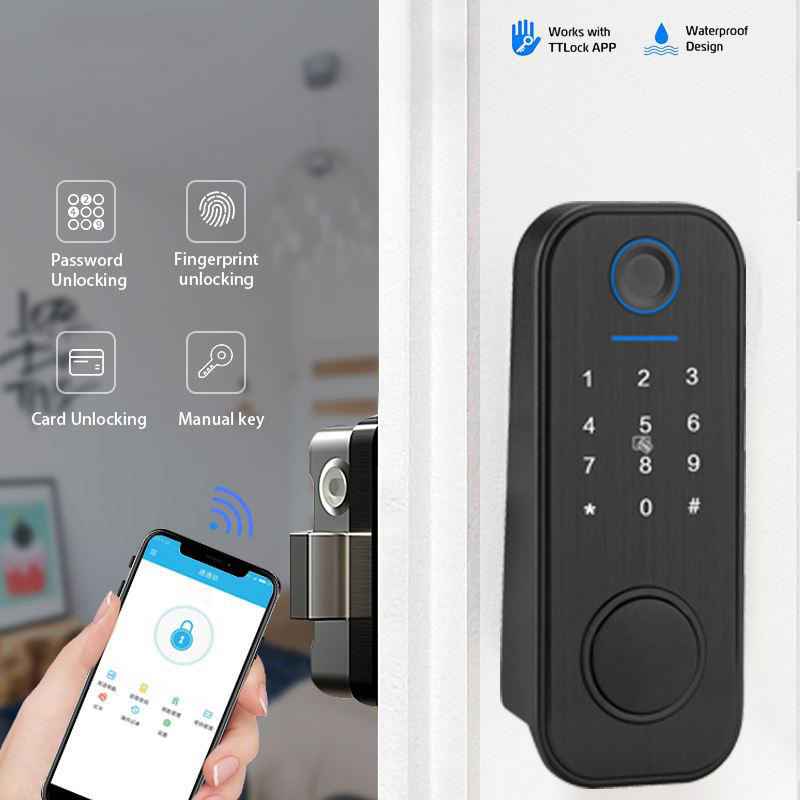 Smart WiFi Outdoor Fingerprint Door Lock – 5-in-1 Keyless Entry System working with the TTLock app via a smartphone.