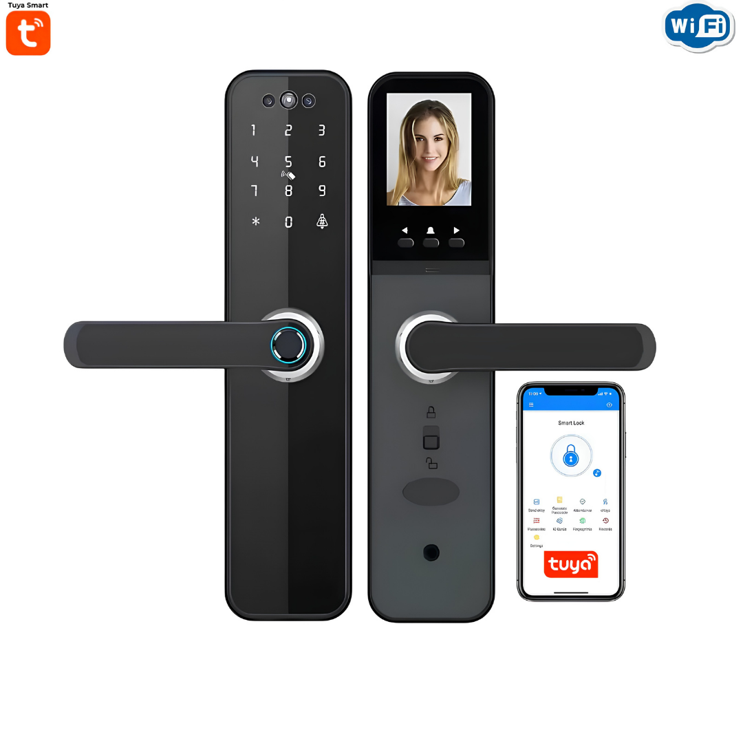 Smart WiFi Video Door Lock – 6-in-1 Keyless Entry System next to a smartphone displaying the Tuya Smart app integration interface.