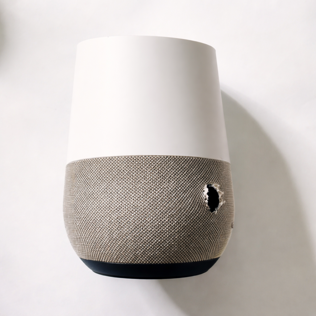 A damaged Google Home Smart Speaker showing a puncture in the fabric mesh casing.