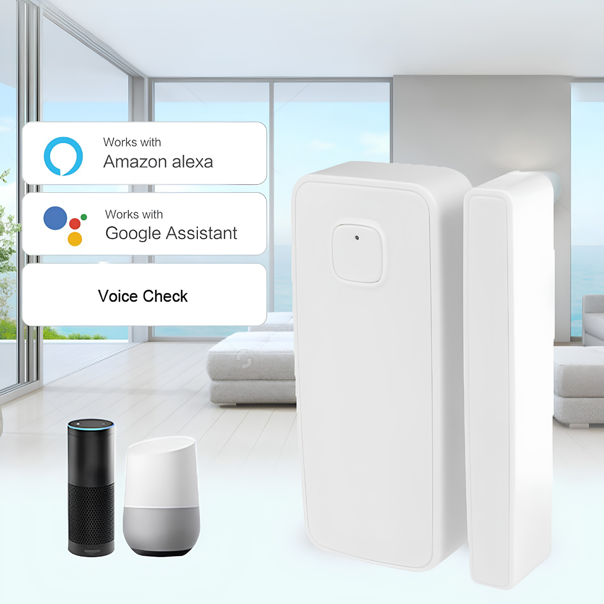 Smart WiFi Door & Window Sensor shown with Amazon Alexa and Google Assistant voice check compatibility.