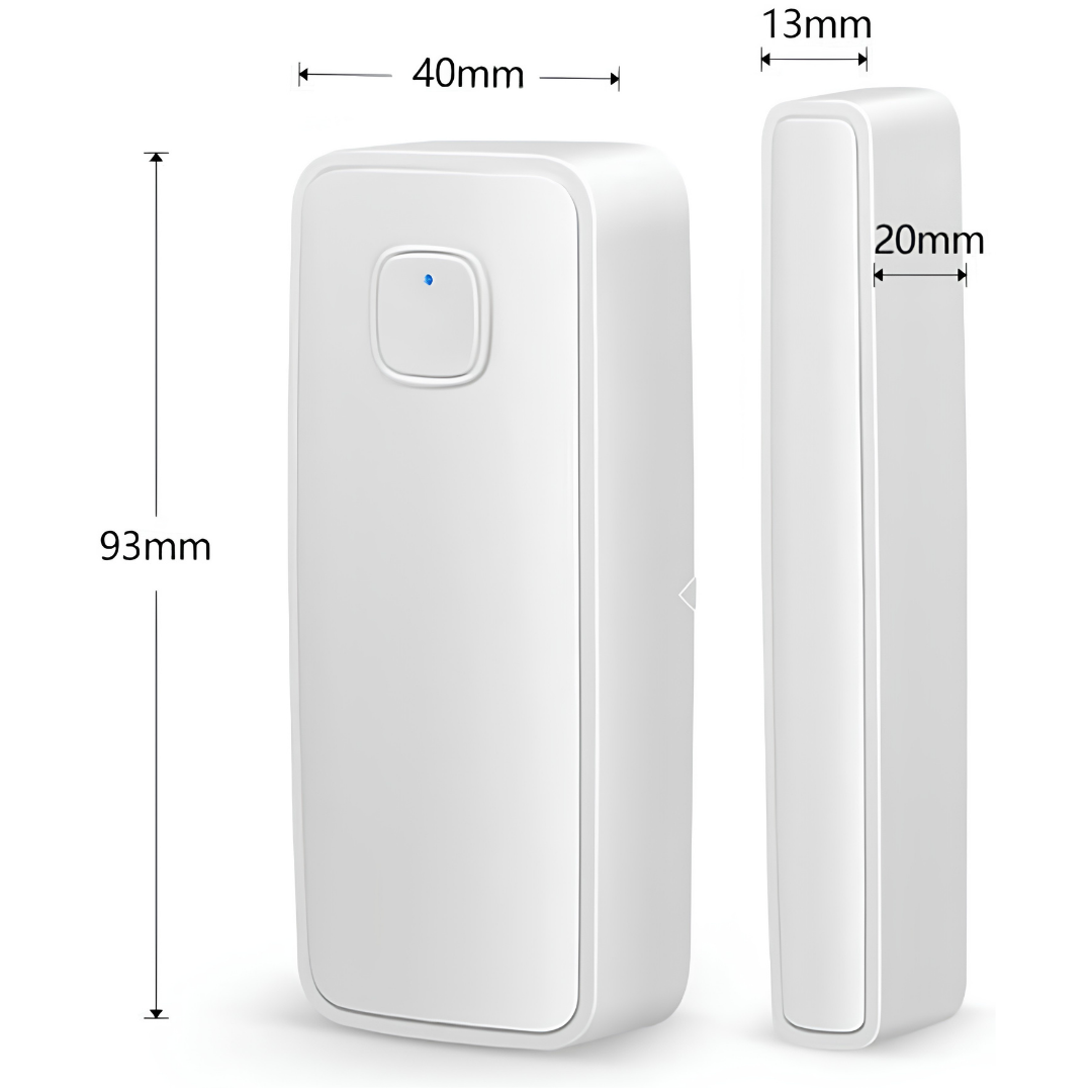 Dimensional diagram showing the exact millimeters of a compact Smart WiFi Door & Window Sensor.