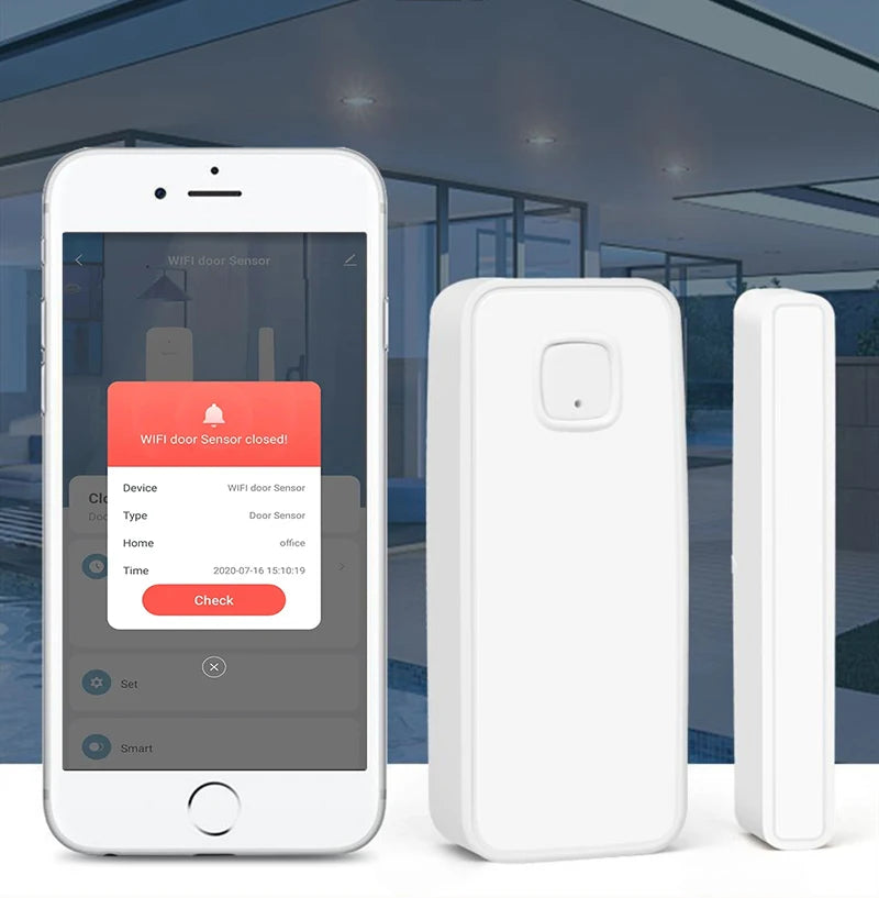 Smartphone screen showing a security alarm notification from the Smart WiFi Door & Window Sensor.