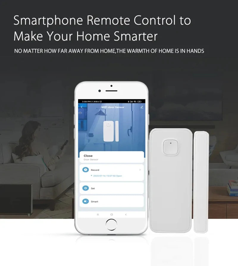 Smartphone remote control interface displayed next to a white Smart WiFi Door & Window Sensor.
